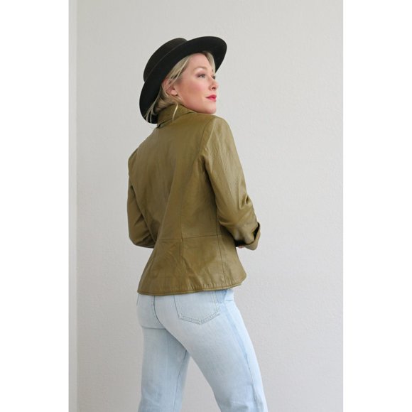 2000's Y2K Peplum Leather Jacket // Women's Size Small to Medium // Pea Green - Picture 5 of 10
